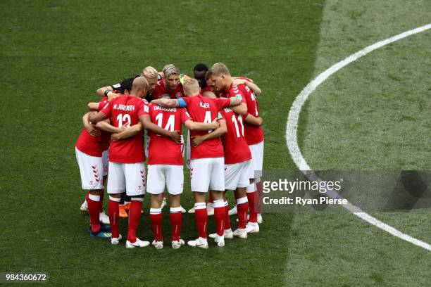 Denmark players form a huddle prior to the 2018 FIFA World Cup Russia group C match between Denmark and France at Luzhniki Stadium on June 26, 2018...