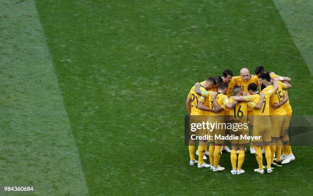 The Australia players form a team huddle prior to the 2018 FIFA World Cup Russia group C match between Australia and Peru at Fisht Stadium on June...