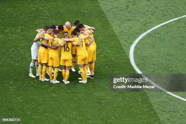 The Australia players form a team huddle prior to the 2018 FIFA World Cup Russia group C match between Australia and Peru at Fisht Stadium on June...