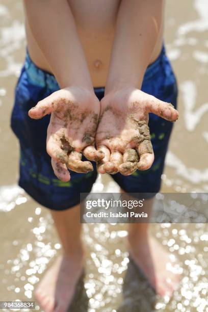 child hands holding sand at beach - isabel pavia stock-fotos und bilder