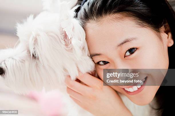 portrait of young japanese girl with west highland terrier - scottish culture photos et images de collection