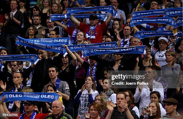 Fans are showwing fan scarfes after the charity match for benefit of Oleg Velyky's family at the Color Line Arena on April 13, 2010 in Hamburg,...