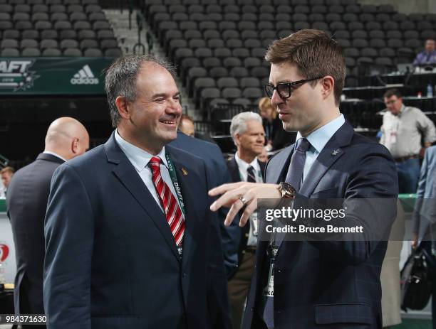 Pierre Dorion and Kyle Dubas attend the 2018 NHL Draft at American Airlines Center on June 23, 2018 in Dallas, Texas.