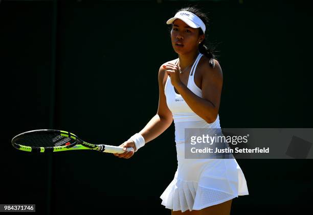Lizette Cabrera of Australia reacts against Jana Cepelova of Slovakia during Wimbledon Championships Qualifying - Day 2 at The Bank of England Sports...