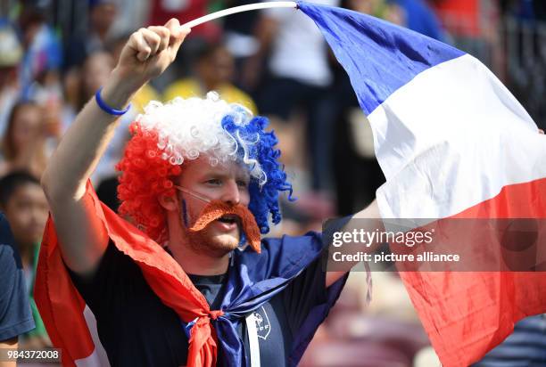 June 2018, Russia, Moscow: Soccer: FIFA World Cup 2018, Denmark vs France, group stages, group C, 3rd matchday, Luzhniki Stadium: A France fan...