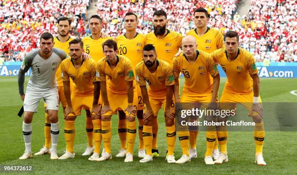 The Australia players pose for a team photo prior to the 2018 FIFA World Cup Russia group C match between Australia and Peru at Fisht Stadium on June...