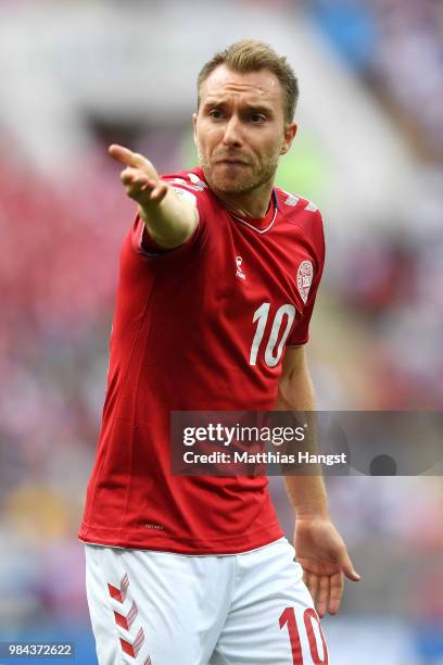 Christian Eriksen reacts during the 2018 FIFA World Cup Russia group C match between Denmark and France at Luzhniki Stadium on June 26, 2018 in...