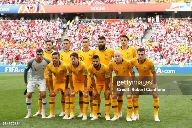 The Australia players pose for a team photo prior to the 2018 FIFA World Cup Russia group C match between Australia and Peru at Fisht Stadium on June...