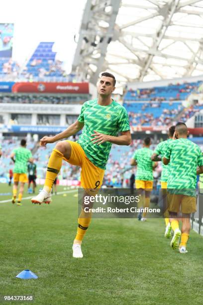 Tomi Juric of Australia during pre match warm up prior to the 2018 FIFA World Cup Russia group C match between Australia and Peru at Fisht Stadium on...