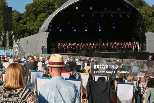 The Military Wives Choir performs during The Heritage Live Concert Series on stage at Kenwood House on June 24, 2018 in London, England.