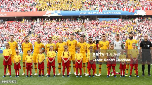 The Australia players line up for national anthem prior to the 2018 FIFA World Cup Russia group C match between Australia and Peru at Fisht Stadium...