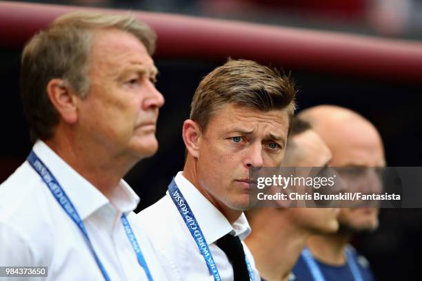 Assistant Coach of Denmark Jon Dahl Tomasson looks on before the 2018 FIFA World Cup Russia group C match between Denmark and France at Luzhniki...