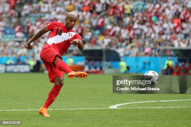 Andre Carrillo of Peru scores the opening goal during the 2018 FIFA World Cup Russia group C match between Australia and Peru at Fisht Stadium on...
