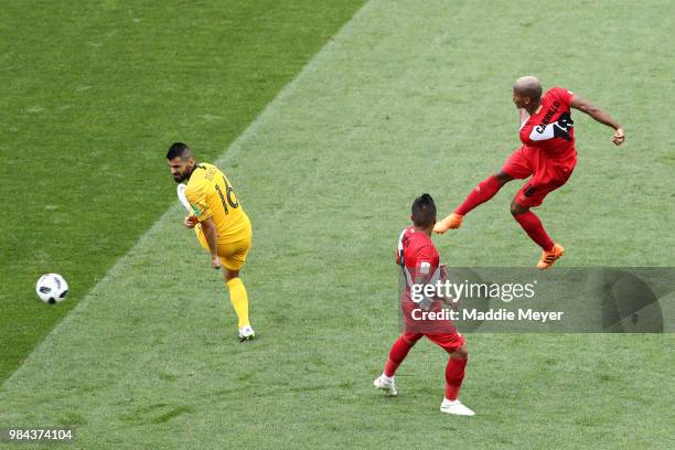 Andre Carrillo of Peru scores his team's first goal during the 2018 FIFA World Cup Russia group C match between Australia and Peru at Fisht Stadium...