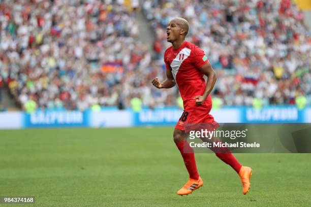 Andre Carrillo of Peru celebrates after scoring his team's first goal during the 2018 FIFA World Cup Russia group C match between Australia and Peru...