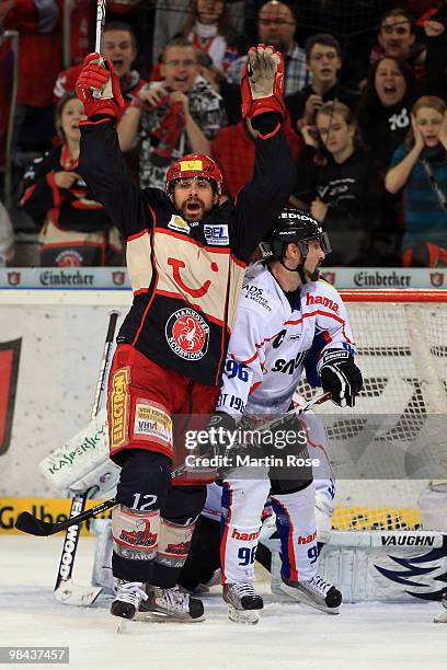 Chris Herperger of Hannover celebrates after he scores his team's 4th goal during the third DEL play off semi final match between Hannover Scorpions...