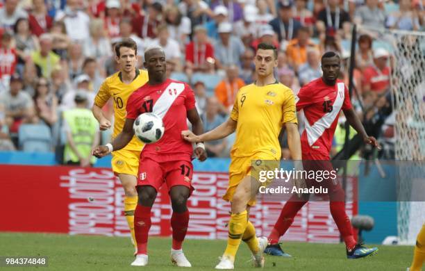 Tomi Juric of Australia in action against Luis Advincula of Peru during the 2018 FIFA World Cup Russia Group C match between Australia and Peru at...