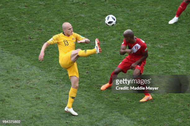 Aaron Mooy of Australia clears the ball from Andre Carrillo of Peru during the 2018 FIFA World Cup Russia group C match between Australia and Peru at...