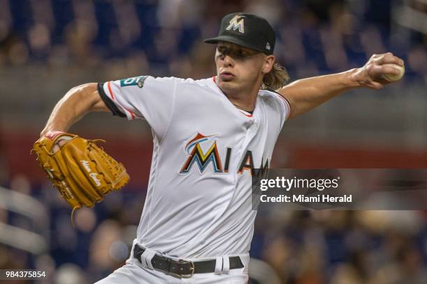 Miami Marlins pitcher Adam Conley faces the Arizona Diamondbacks during the eight inning at Marlins Park Monday, June 25, 2018 in Miami. The Marlins...