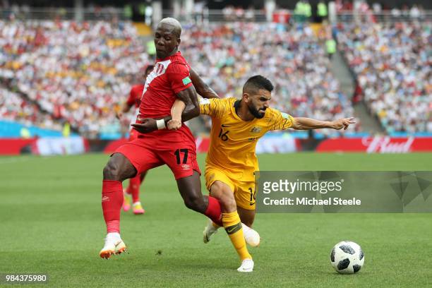 Luis Advincula of Peru battles for possession with Aziz Behich of Australia during the 2018 FIFA World Cup Russia group C match between Australia and...