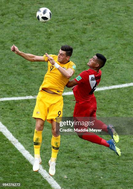 Tomi Juric of Australia competes for a header with Anderson Santamaria of Peru during the 2018 FIFA World Cup Russia group C match between Australia...
