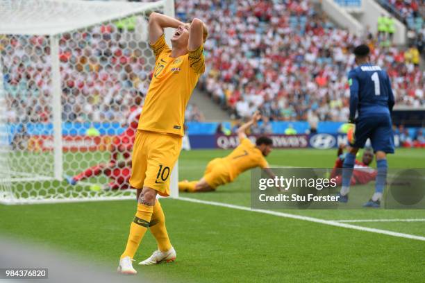 Robbie Kruse of Australia reacts during the 2018 FIFA World Cup Russia group C match between Australia and Peru at Fisht Stadium on June 26, 2018 in...