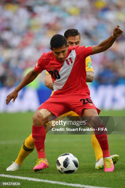 Raul Ruidiaz of Peru controls the ball during the 2018 FIFA World Cup Russia group C match between Australia and Peru at Fisht Stadium on June 26,...