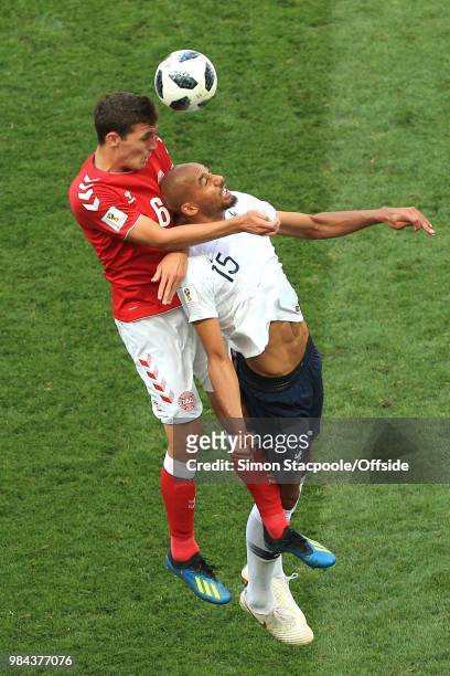 Andreas Christensen of Denmark and Steven N'Zonzi of France battle for a header during the 2018 FIFA World Cup Russia Group C match between Denmark...