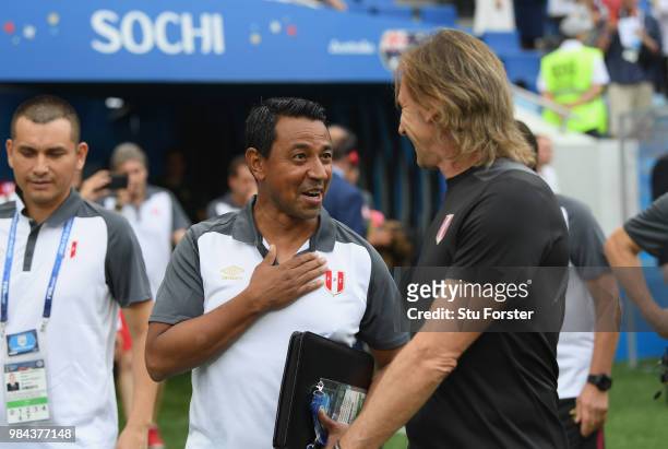 Ricardo Gareca, Head coach of Peru alson with his assistant Nolberto Solano during the 2018 FIFA World Cup Russia group C match between Australia and...