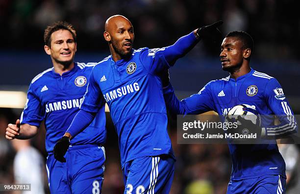 Nicolas Anelka of Chelsea celebrates with Frank Lampard and Salomon Kalou as he scores their first goal during the Barclays Premier League match...