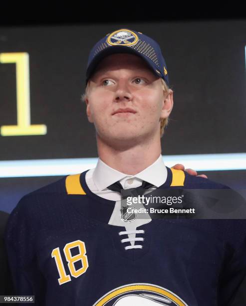 Rasmus Dahlin of the Buffalo Sabres is selected in the 2018 NHL Draft at American Airlines Center on June 22, 2018 in Dallas, Texas.