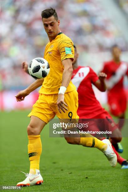 Tomi Juric of Australia in action during the 2018 FIFA World Cup Russia group C match between Australia and Peru at Fisht Stadium on June 26, 2018 in...