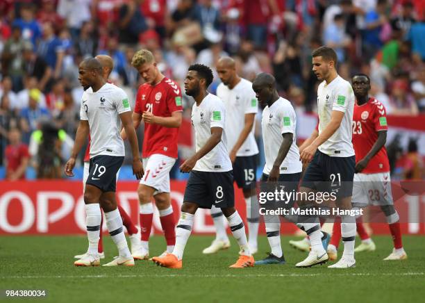 Players of France and Denmark laeve the pitch at half time during the 2018 FIFA World Cup Russia group C match between Denmark and France at Luzhniki...