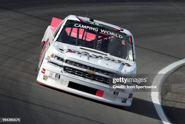 Jennifer Jo Cobb Driven2Honor Chevrolet Silverado works her way through turn four during the practice session for the NASCAR Camping World Truck...