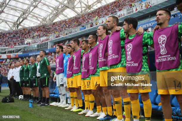 The Australia substitute line up for national anthem prior to the 2018 FIFA World Cup Russia group C match between Australia and Peru at Fisht...