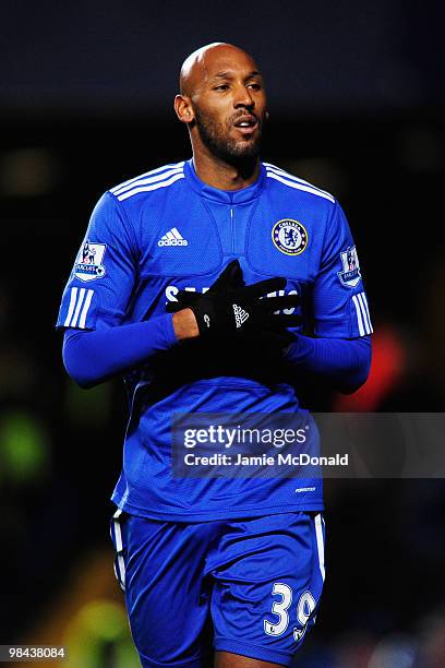 Nicolas Anelka of Chelsea celebrates as he scores their first goal during the Barclays Premier League match between Chelsea and Bolton Wanderers at...