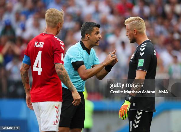 Referee Sandro Ricci speaks to Kasper Schmeichel of Denmark during the 2018 FIFA World Cup Russia group C match between Denmark and France at...