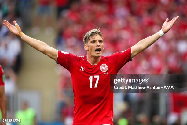 Jens Stryger Larsen of Denmark reacts during the 2018 FIFA World Cup Russia group C match between Denmark and France at Luzhniki Stadium on June 26,...