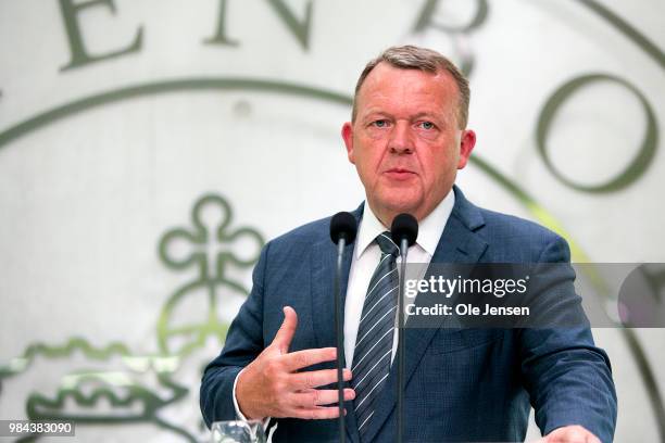 Danish Prime Minister Lars Loekke Rasmussen speaks during a joint press conference with Ukrainian Prime Minister Volodymy Groysman prior to the...