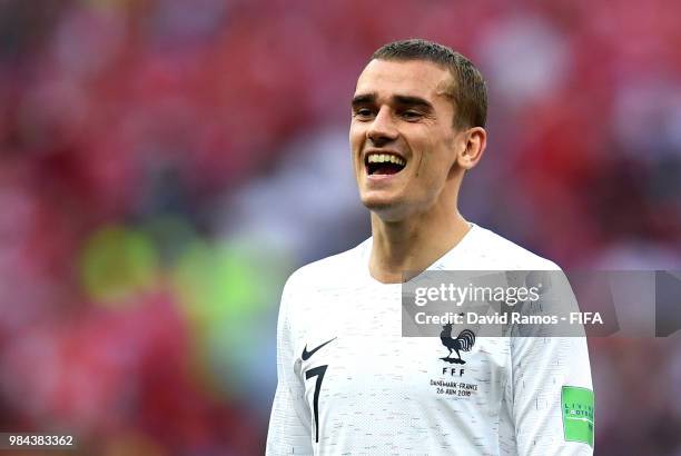 Antoine Griezmann of France reacts during the 2018 FIFA World Cup Russia group C match between Denmark and France at Luzhniki Stadium on June 26,...