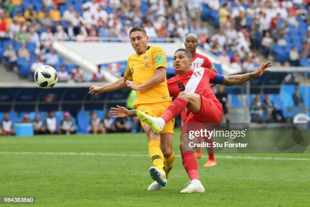 Paolo Guerrero of Peru beats Mark Milligan of Australia to the ball to score his sides second goal during the 2018 FIFA World Cup Russia group C...