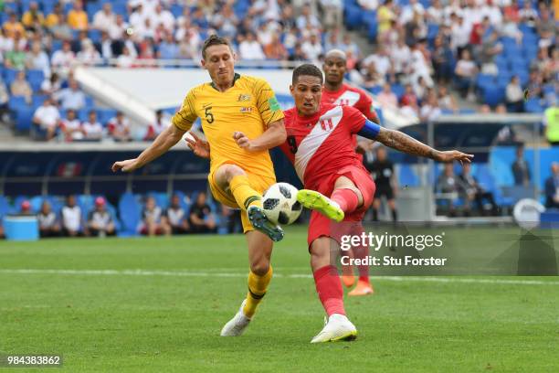 Paolo Guerrero of Peru beats Mark Milligan of Australia to the ball to score his sides second goal during the 2018 FIFA World Cup Russia group C...