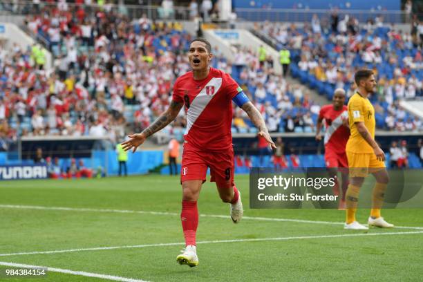 Paolo Guerrero of Peru celebrates after scoring his team's second goal during the 2018 FIFA World Cup Russia group C match between Australia and Peru...