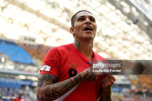 Paolo Guerrero of Peru celebrates after scoring his team's second goal during the 2018 FIFA World Cup Russia group C match between Australia and Peru...