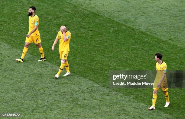 Australia players look dejected during the 2018 FIFA World Cup Russia group C match between Australia and Peru at Fisht Stadium on June 26, 2018 in...