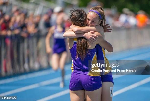 The state class A outdoor track and field championships were held at McMann Field in Bath. Cheverus teammates Emma Gallant and Victoria Bossong share...