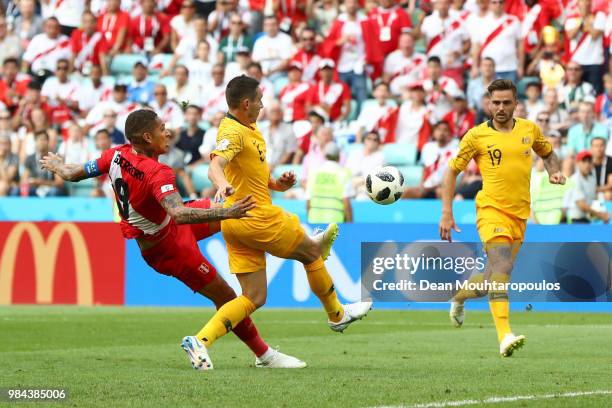 Paolo Guerrero of Peru beats Mark Milligan of Australia to the ball to score his sides second goal during the 2018 FIFA World Cup Russia group C...