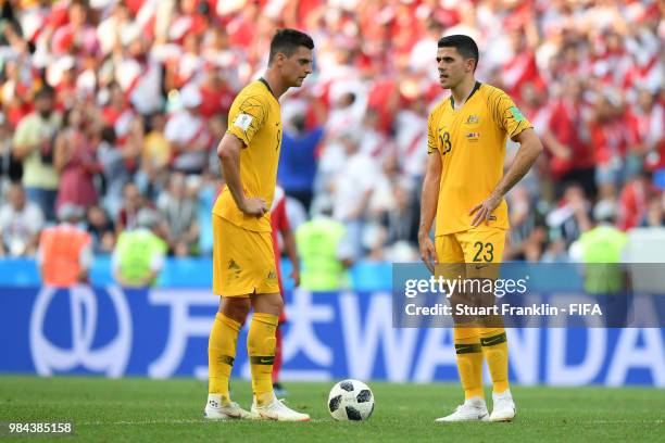 Tomi Juric of Australia and Tom Rogic of Australia look dejected during the 2018 FIFA World Cup Russia group C match between Australia and Peru at...