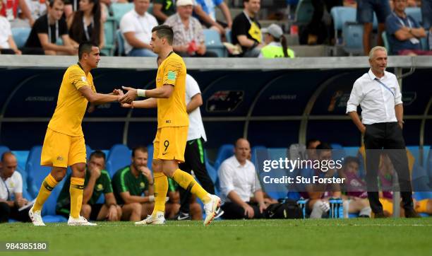 Tomi Juric of Australia greets Tim Cahill of Australia as Tomi Juric is substituted off and Tim Cahill is substituted on during the 2018 FIFA World...
