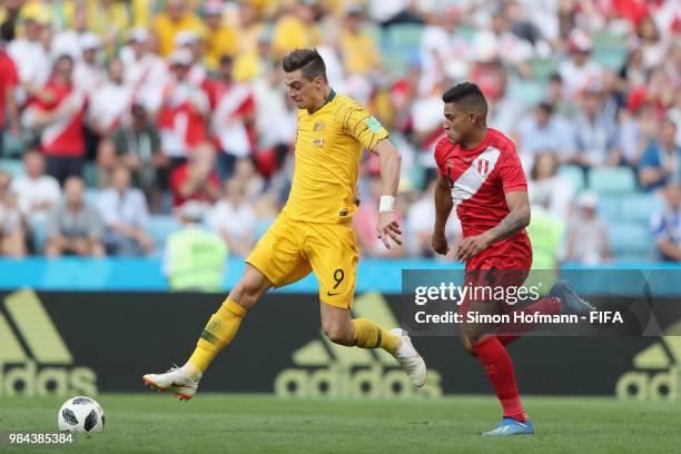 Tomi Juric of Australia and Anderson Santamaria of Peru compete for the ball during the 2018 FIFA World Cup Russia group C match between Australia...